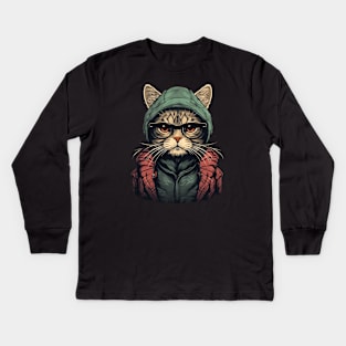 Hipster Cat with Hoodie and Glasses Kids Long Sleeve T-Shirt